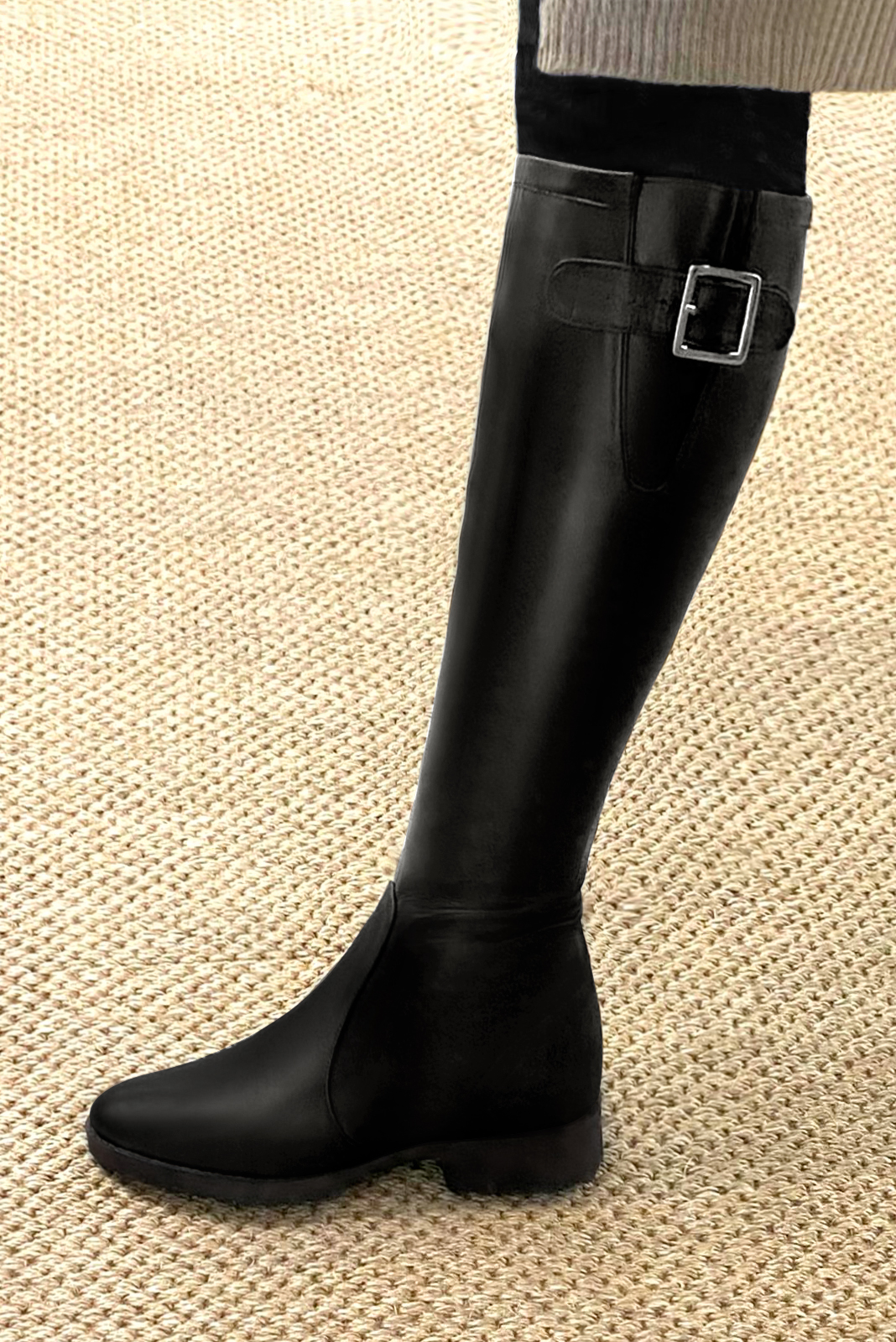 Satin black women's knee-high boots with buckles. Round toe. Flat rubber soles. Made to measure. Worn view - Florence KOOIJMAN